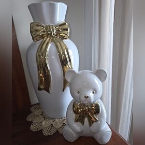 White Vase With White Teddy Bear Decor